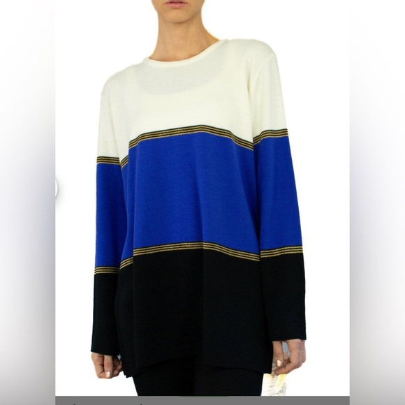 Karen Lessly Women Sweater Large $80 Cream Blue Oversized Boxy Acrylic Classic - Picture 1 of 15